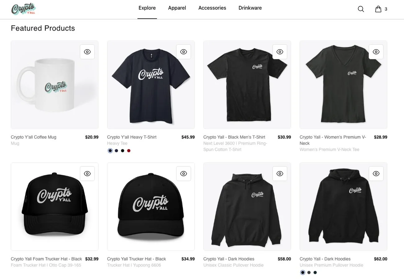 Examples of Crypto Y’all shirts, hats, mugs and hoodies from the merch store
