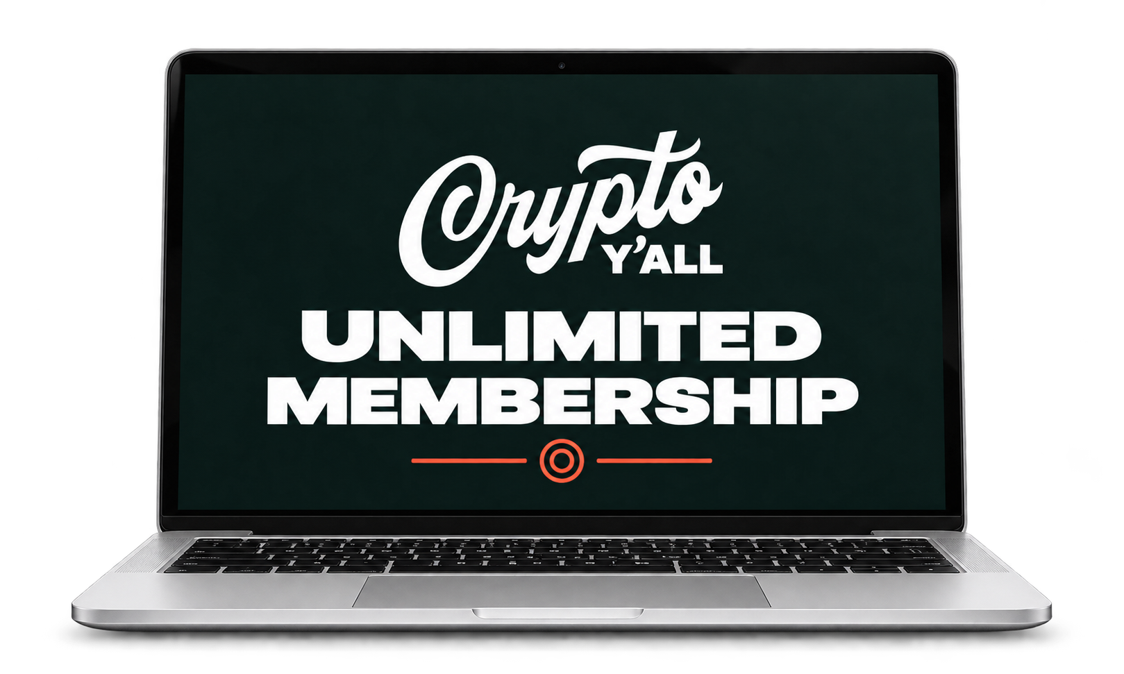 Silver laptop with the Crypto Y’all logo and Unlimited Membership on its forest-green screen.